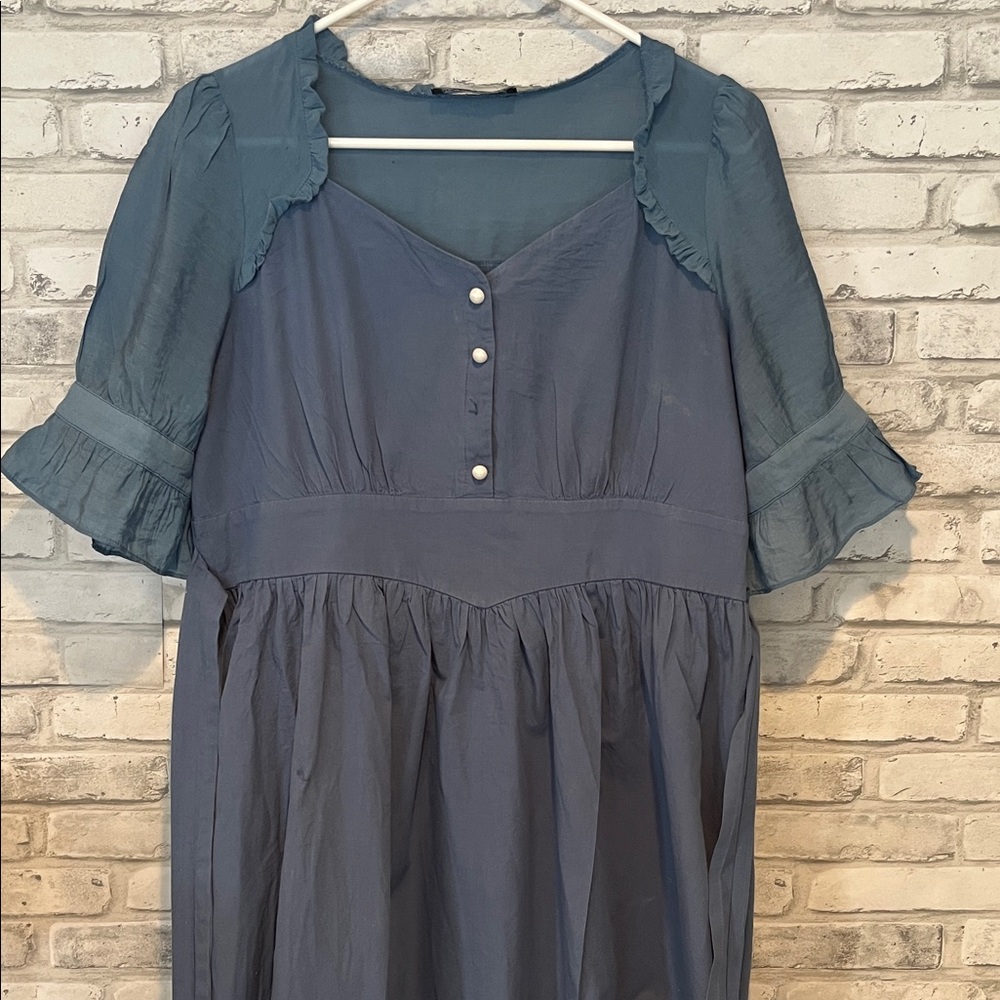 Scarlet Darkness cotton Pearl-Button Slate Blue Ruffle Midi Dress tie waist